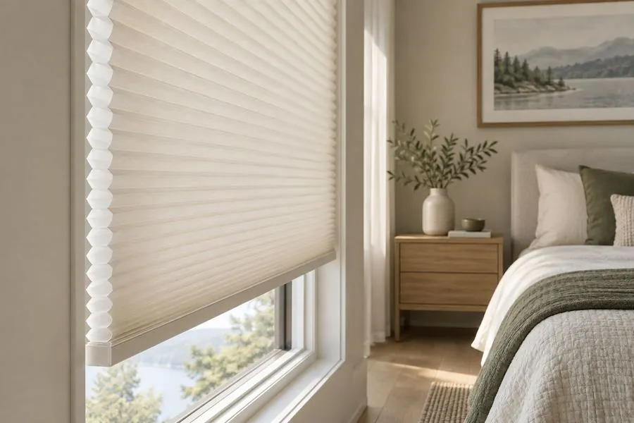 Close-up of a cellular honeycomb shade in a bedroom