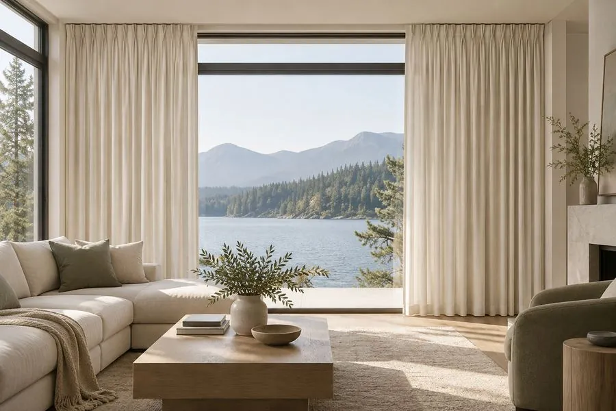 Pleated floor-to-ceiling drapery framing a lake view