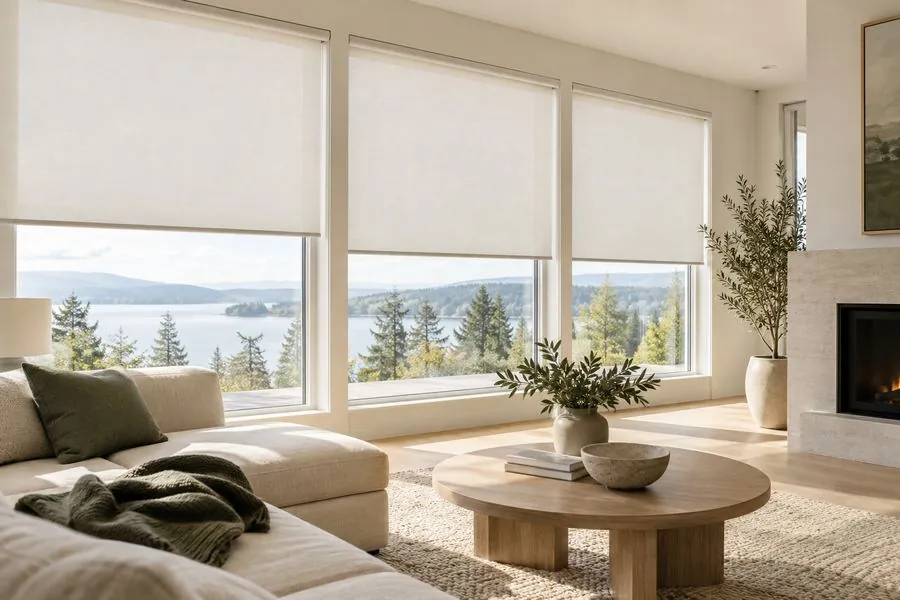 Three roller shades partly lowered over large living room windows