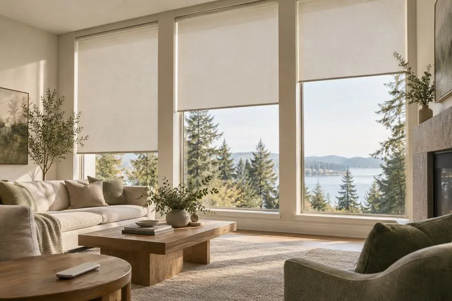 Living room with motorized roller shades and a remote on the table
