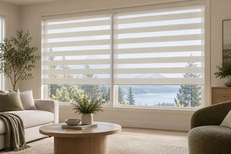 Zebra shades over wide living room windows with a lake view